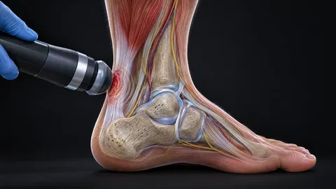 Shockwave applicator held against the Achilles tendon above the heel, with pressure waves entering the tendon