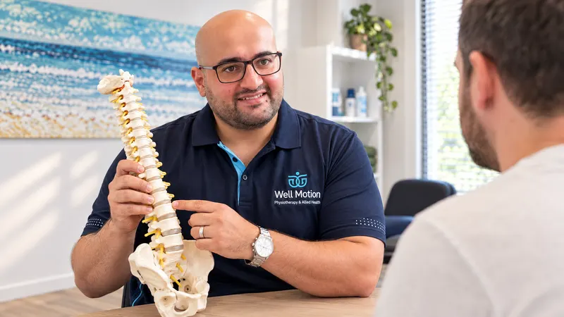 Ahmed Elsayed explaining back pain to a male patient using a spine model
