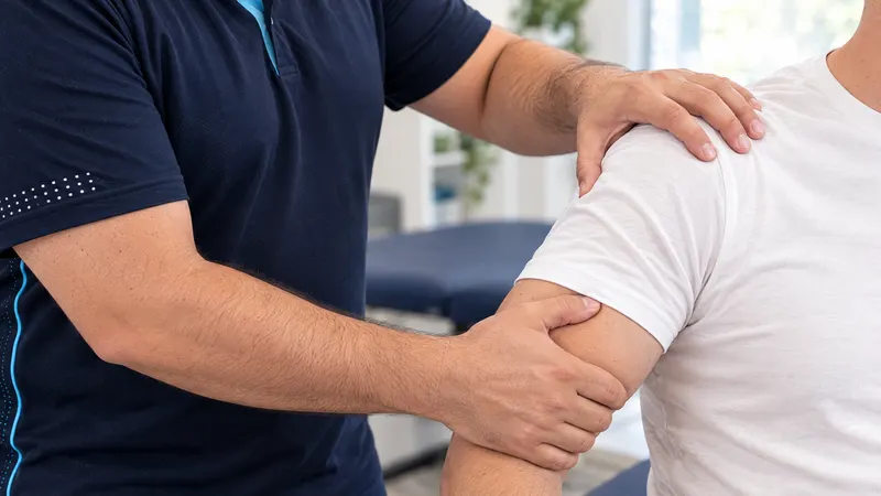 Close-up of a physiotherapist doing hands-on shoulder mobilisation with a male patient